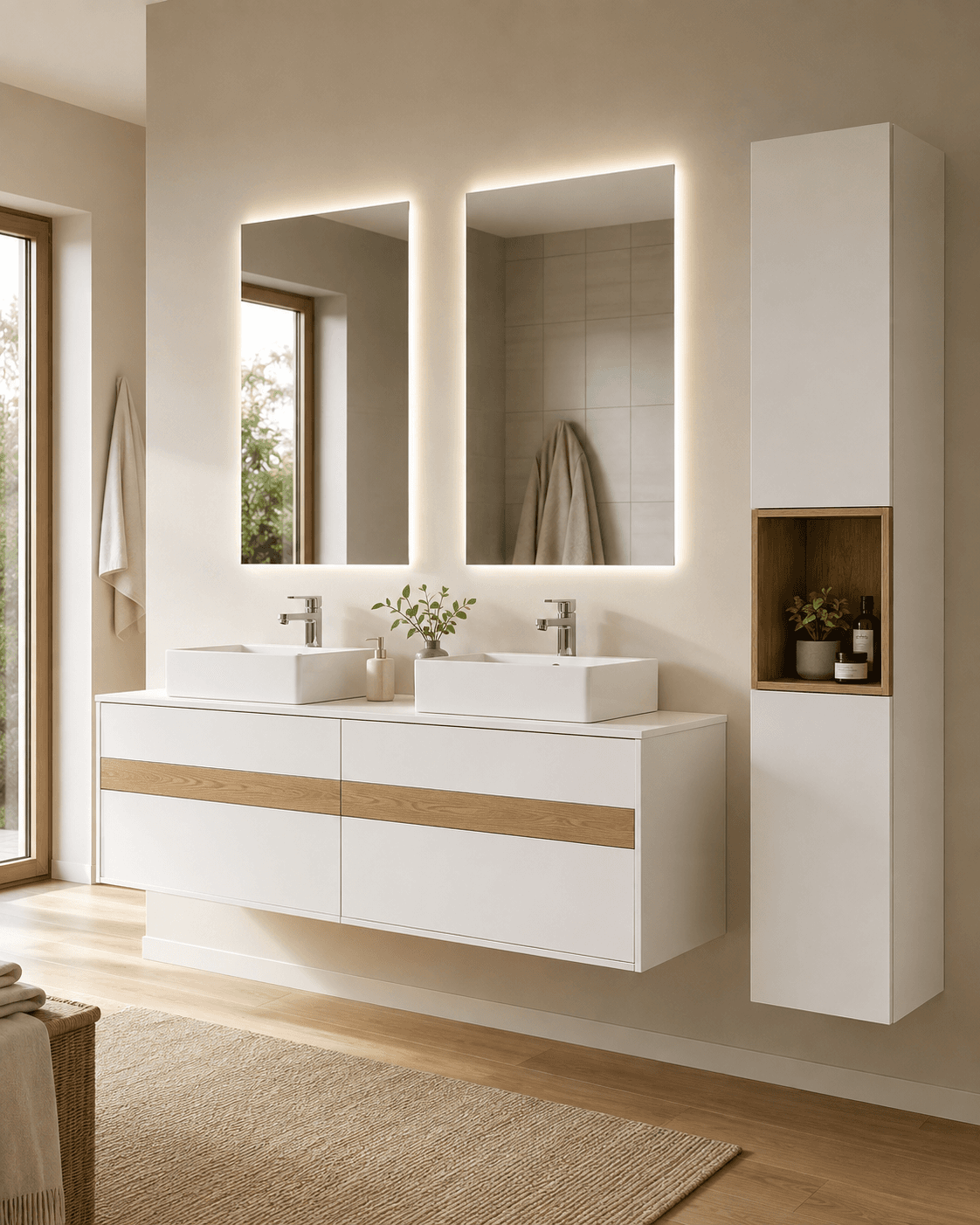 Mobilier de baie cu depozitare integrată.