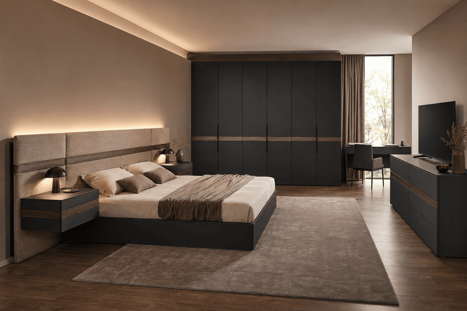Dormitor cu mobilier integrat.
