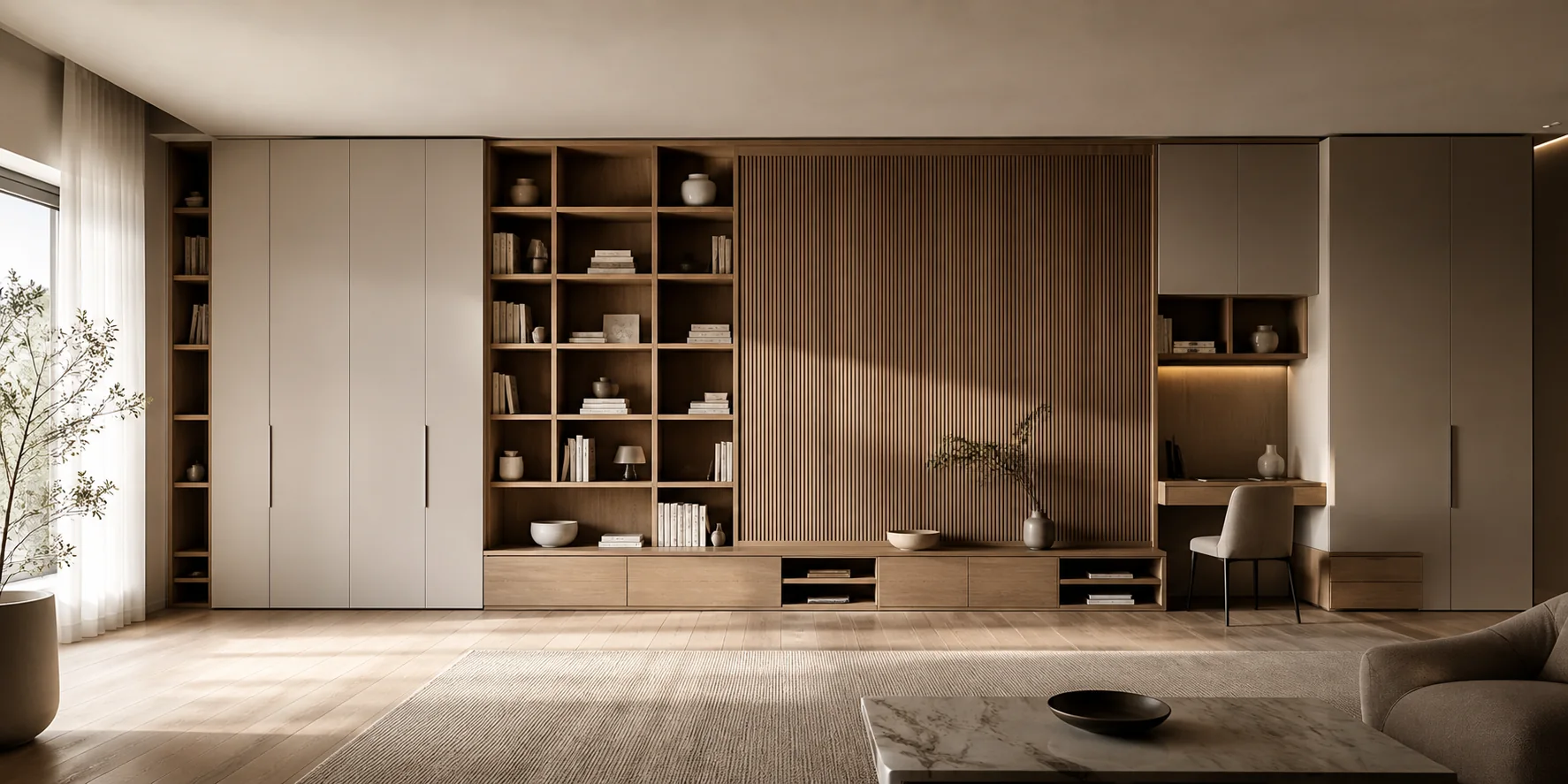 Direcție de showroom pentru o bibliotecă integrată în living.