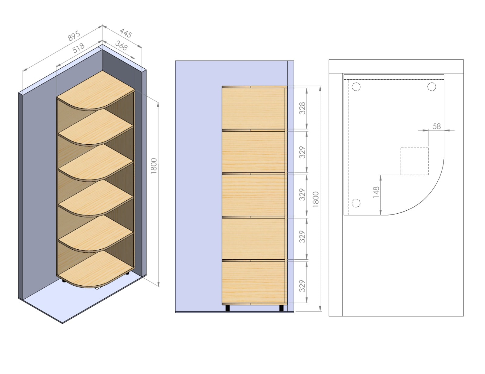 Desen original al unui corp de colț cu polițe
