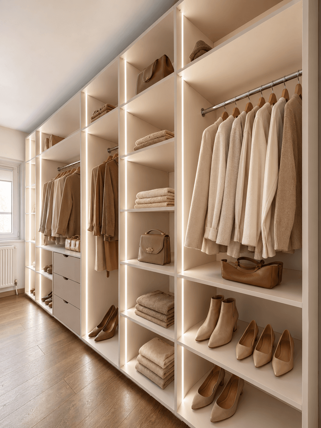 Compartimentare de dressing cu polițe și sertare.
