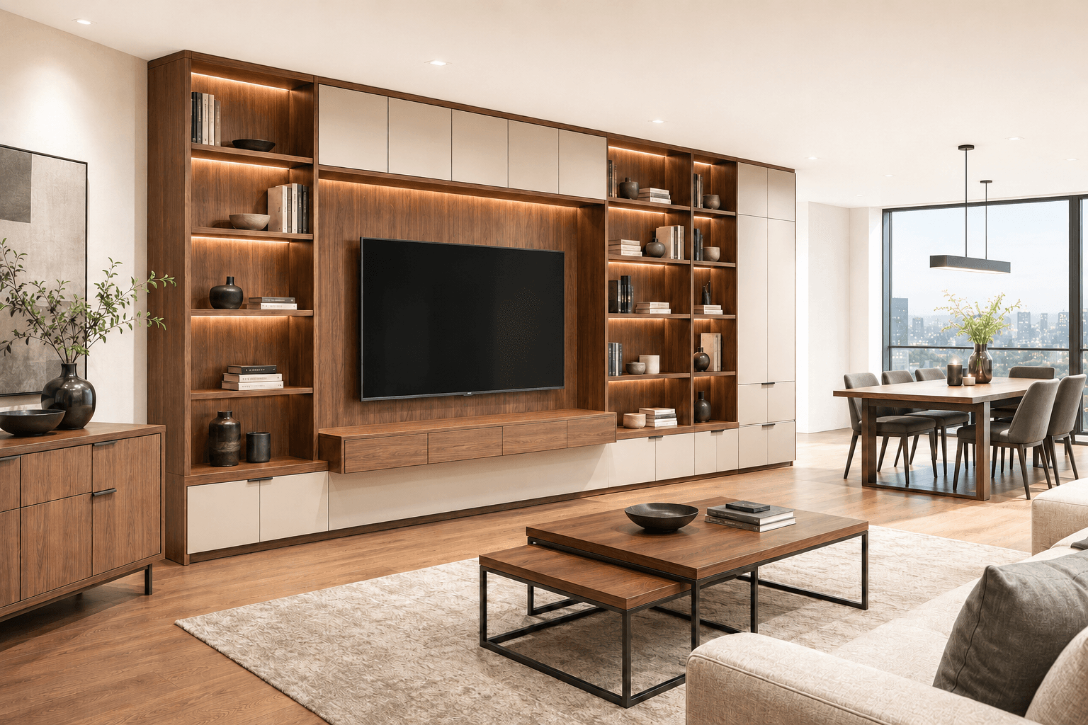 Mobilier de living cu depozitare integrată.