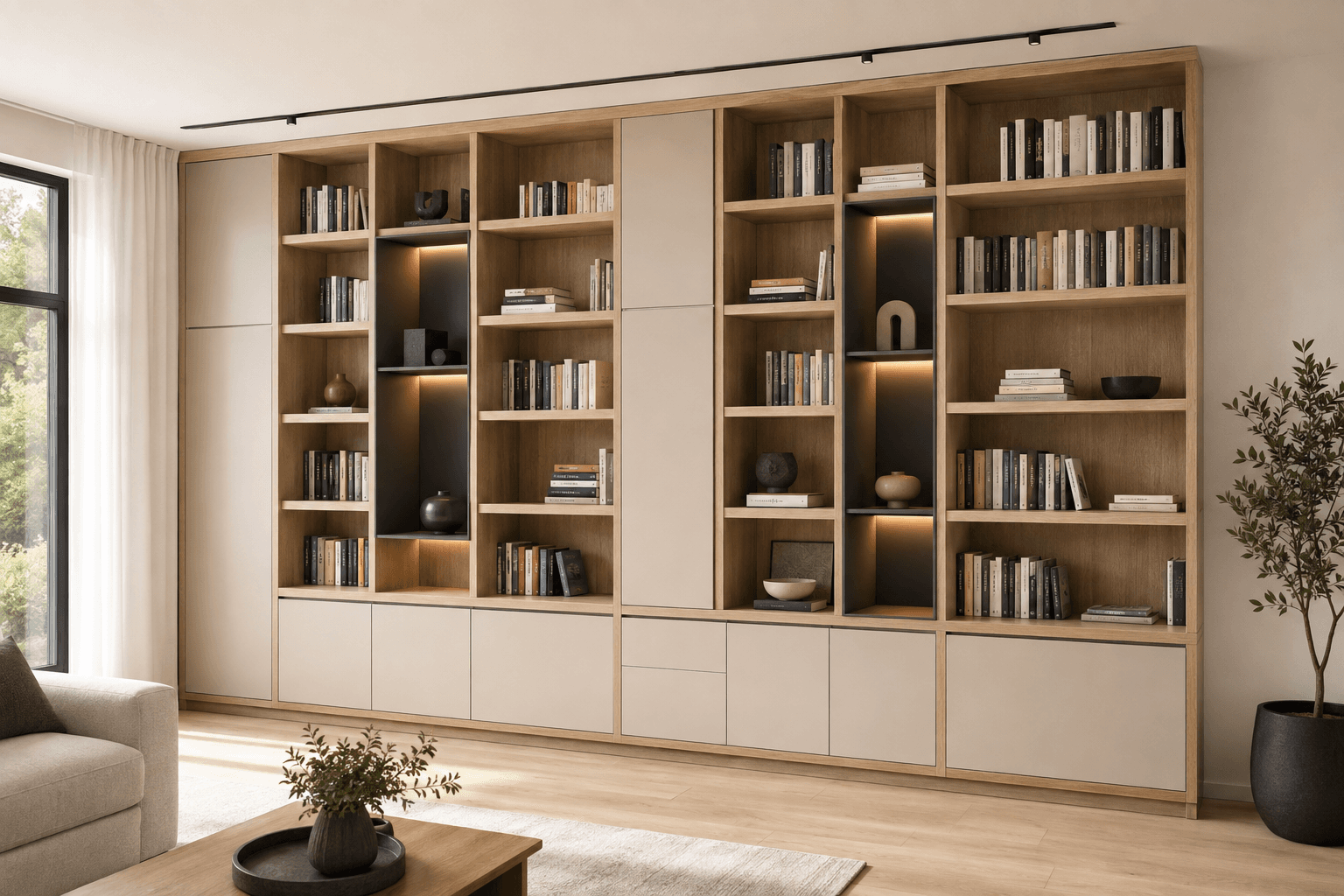 Bibliotecă realizată la comandă, cu rafturi și depozitare integrată.